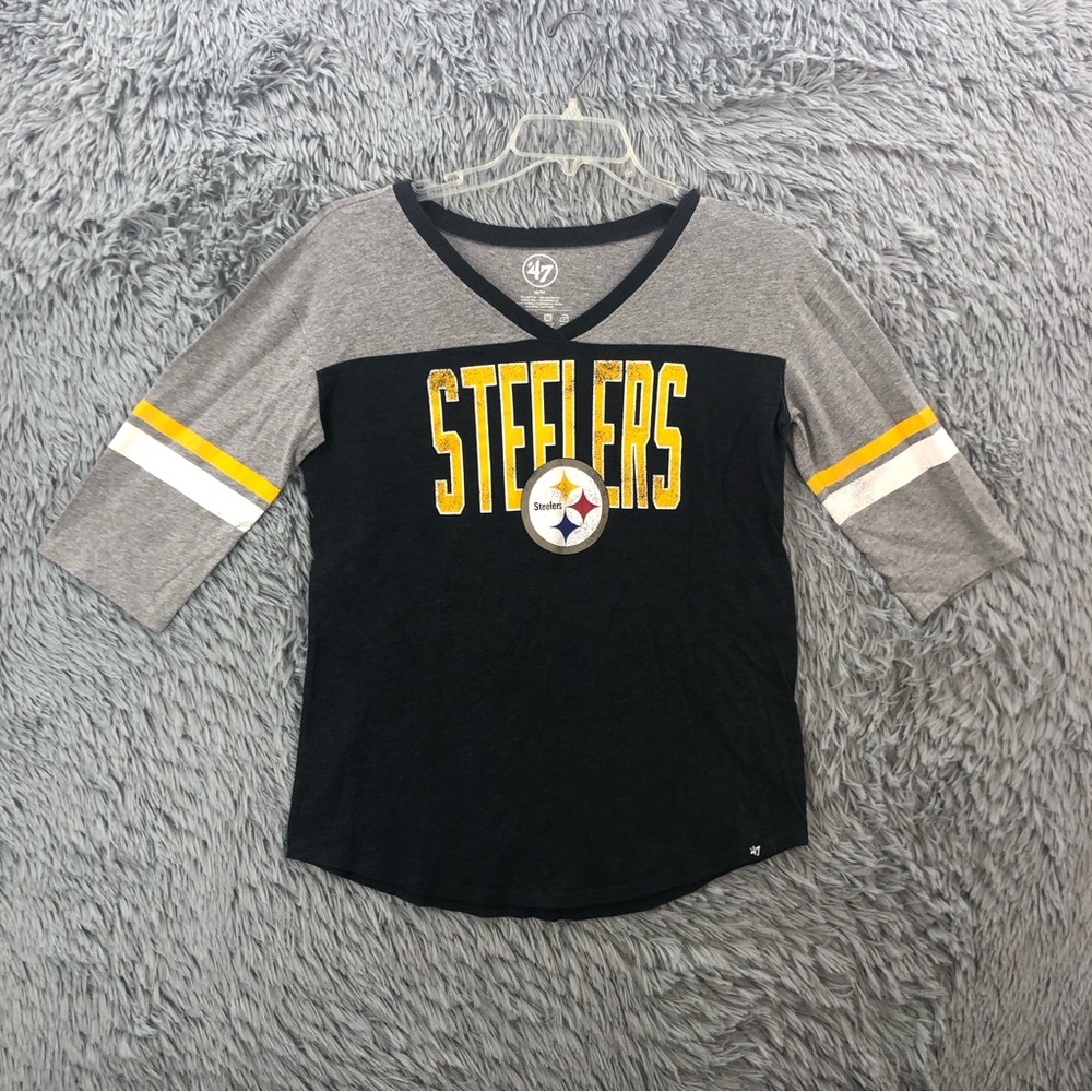 47 Pittsburgh Steelers Shirt Womens Medium Football Spellout Soft 3/4 Sleeve